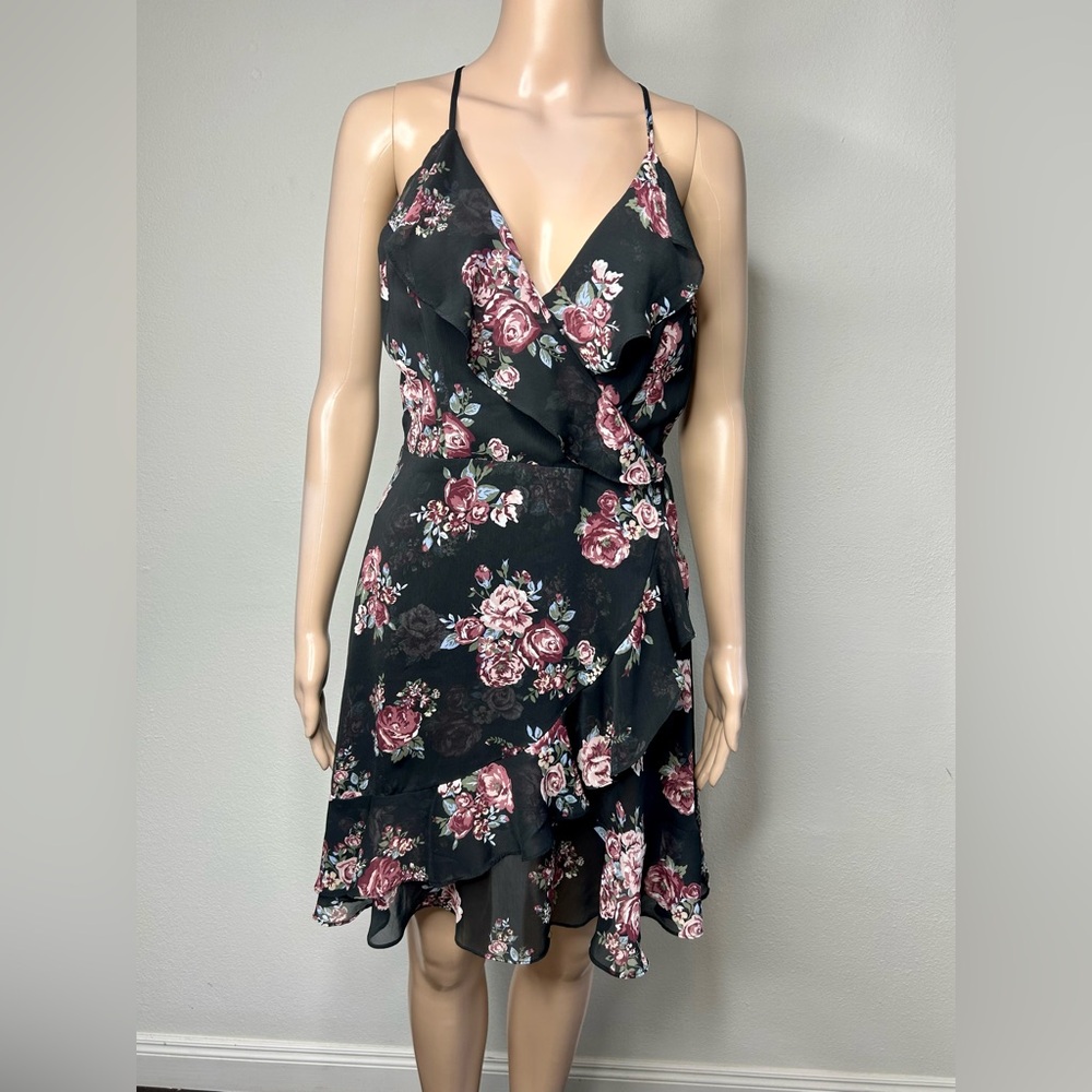 Miami Black Floral Print Faux Wrap Dress sz M